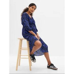 Gap Maternity Puff Sleeve Smocked Midi Dress size Large Blue